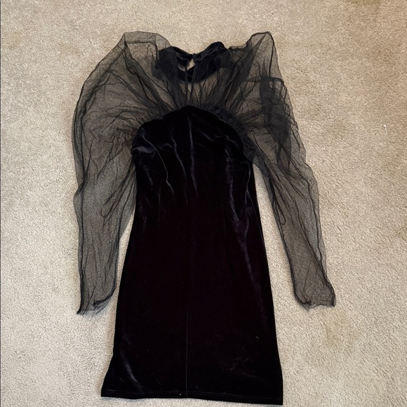 Zara Black Soft Velvet Dress with Sheer Sleeves - Picture 5 of 7